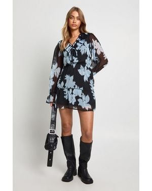 Boohoo Floral Chiffon Tiered Smock Dress - Brown