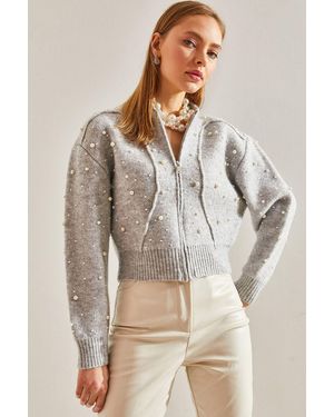 Bianco Lucci Pearl Embellished Zip-Up Crop Cardigan - Natural
