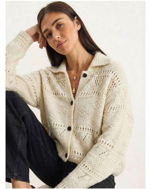 Bianco Lucci Textured Polo Collar Button Cardigan - Natural