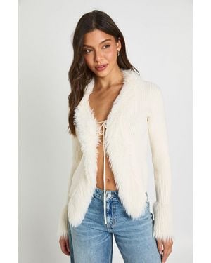 Boohoo Fur Trim Tie Front Knitted Cardigan - Blue