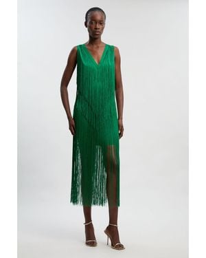 Karen Millen Petite Fringe Bandage V Neck Knit Midi Dress - Green