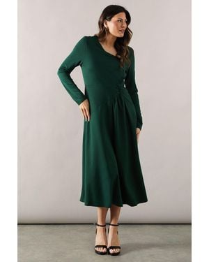 Wallis Shift Dress V-Neck Long Sleeve Midi Jersey - Green