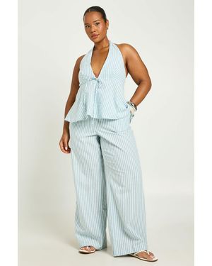 Boohoo Plus Stripe Elasticated Wiast Wide Leg Trouser - Blue