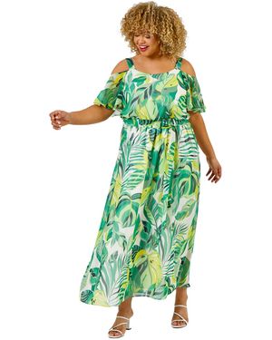 Roman Curve Tropical Leaf Print Cold Shoulder Maxi Dress - Green