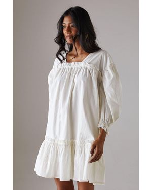Warehouse Poplin Frill Balloon Sleeve Mini Smock Dress - White
