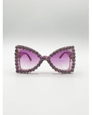 SVNX Oversized Triangular Crystal Gem Sunglasses - Purple