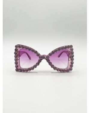 SVNX Oversized Triangular Crystal Gem Sunglasses - Purple
