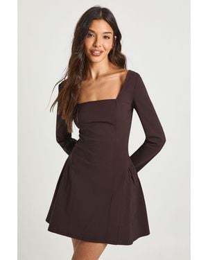 Boohoo Bengaline Square Neck Gathered Waist Skater Dress - Brown