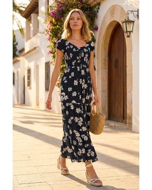 Roman Shirred Floral Sweetheart Neck Dress - Brown