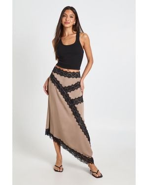 Boohoo Lace Detail Hanky Hem Skirt - Brown