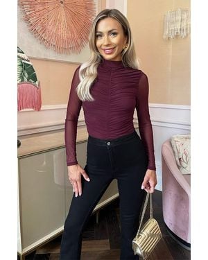 AX Paris Plum High Neck Long Sleeve Ruched Mesh Bodysuit - Purple