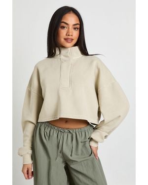 Boohoo Washed Placket Detail Funnel Neck Cropped Sweatshirt - Natural