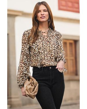 Sosandar Petite Leopard Print Lace Up Blouse - Brown