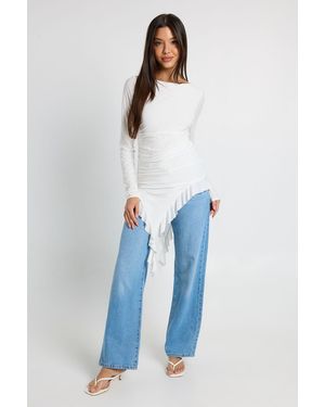 Boohoo Soft Touch Long Sleeve Frilly Hem Top - Blue