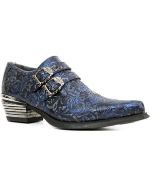 New Rock Vintage Floral Leather Buckle Shoes-7960-S7 - Blue