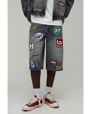 BoohooMAN Moto Badge Longline Denim Jorts - Grey