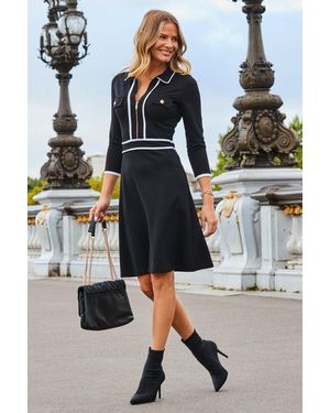 Sosandar Contrast Trim Zip Front Fit & Flare Jersey Dress - Black