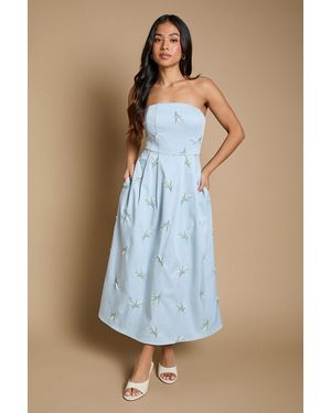 Oasis Petite Embroidered Strapless Sweetheart Midi Dress - Blue