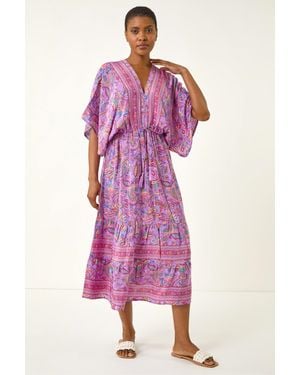 Roman Paisley Print V-Neck Midi Dress - Pink