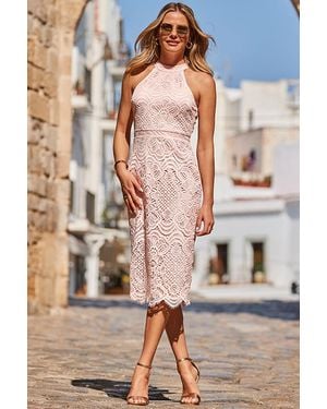 Sosandar Soft Lace Halter Neck Pencil Dress - Pink