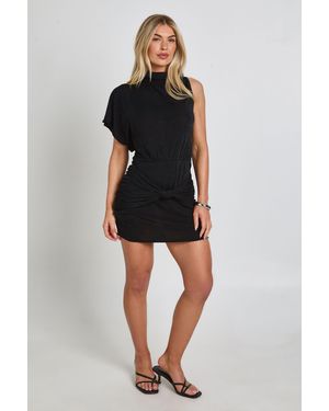 Boohoo Acetate Slinky One Sleeve Knot Front Mini Dress - Black
