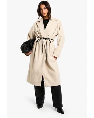 Boohoo Petite Faux Leather Belt Wool Look Coat - Natural