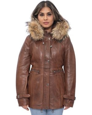 Infinity Leather Hooded Parka Jacket-Putian - Brown