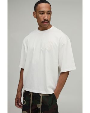 BoohooMAN Tall Oversized Boxy Heavyweight B Embroidered Peached T-Shirt - White