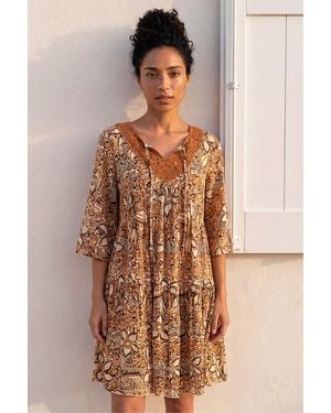 Roman Abstract Print Trim Detail Tie Front Dress - Brown