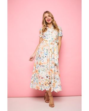 Izabel London Floral Lace Tie Waist Midi Shirt Dress - Pink