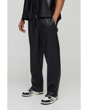 BoohooMAN Elasticated Waist Pleated Pu Relaxed Trousers - Black