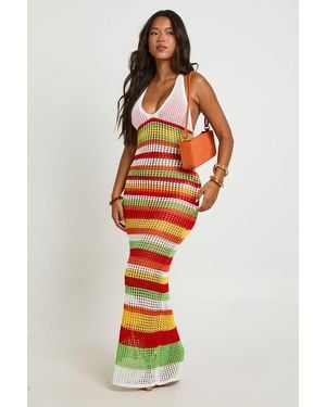 Boohoo Beach Crochet Stripe Knitted Maxi Dress - Red