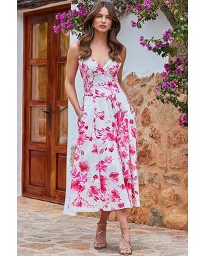 Sosandar Floral Print Fit & Flare Cotton Midi Dress With Pockets - Pink
