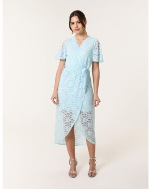 Blue Vanilla Lace Wrap Over Midi Dress - Blue