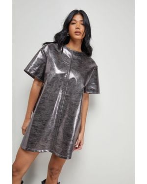 Warehouse Metallic Faux Reptile Leather Tshirt Mini Dress - Brown