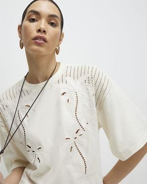 River Island T-Shirt Short Sleeve Palm Broderie Cotton - Natural