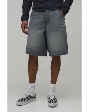 BoohooMAN Baggy Rigid Embellished Distressed Pocket Denim Shorts - Grey