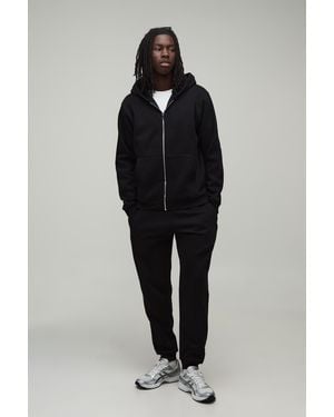 BoohooMAN Regular Zip Through Hooded And Straight Leg Cuffed Jogger - Blue