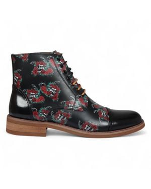 Justin Reess Floral Skull Print Leather Oxford Ankle Boots - Black
