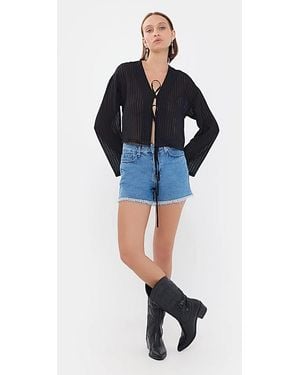 Hiccup Striped Mesh V-Neck Blouse With Tie-Front - Blue