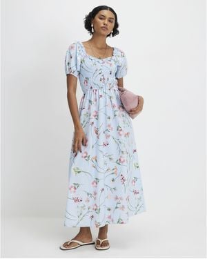 River Island Midi Dress Cotton Floral Shirred - Blue