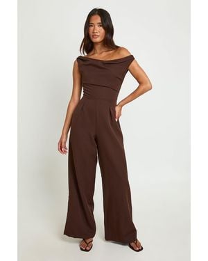 Boohoo Drape Bardot Wide Leg Jumpsuit - Brown