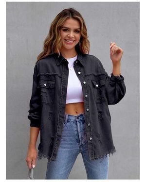 Everyday the Label Distressed Drop Shoulder Fringe Denim Jas - Blauw