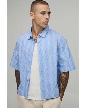 BoohooMAN Oversized Boxy Half Sleeve Diamond Stripe Shirt - Blue