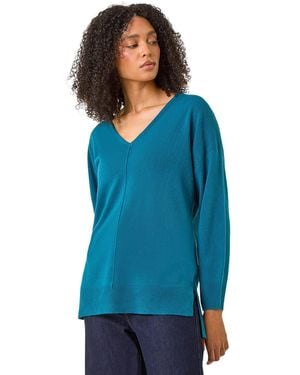 Roman Soft V-Neck Side Split Knit Jumper - Blue
