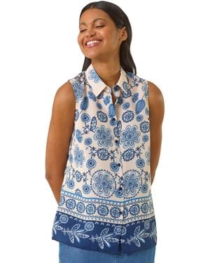 Roman Border Print Collared Blouse - Blue