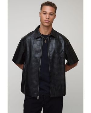 BoohooMAN Tall Croc Pu Zip Up Shirt - Black