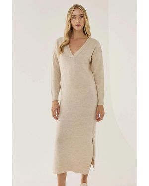 Hiccup Relaxed Fit V-Neck Midi Knit Dress - Natural