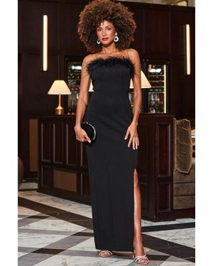Sosandar Split Detail Feather Trim Jersey Maxi Dress - Black