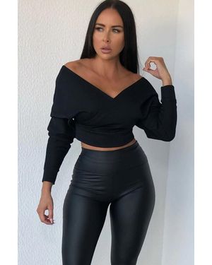 Femme Luxe Ribbed Off The Shoulder Crop Top - Black